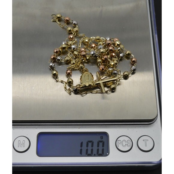 10k Solid Yellow Gold Colored Beads Rosary Virgin Mary Jesus Cross Necklace 24" - Picture 5 of 6